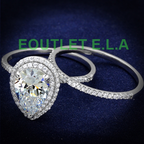 SPARKLING PEAR CZ SOLID SILVER WEDDING SET-size 10